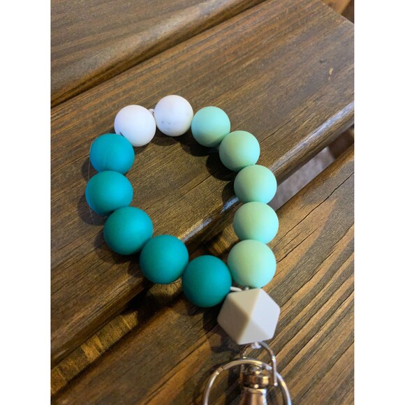 Circle Silicone Bead 15mm Wristlet Keychain Key Holder Teal Flower Charm - Picture 3 of 4